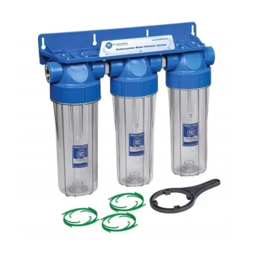 Aquafilter 3 lépcsős 10″-os Szűrőház 3/4″ csatlakozással, átlátszó házzal, dupla „O” gyűrűs – réz menetes
