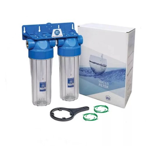 Aquafilter 2 lépcsős 10″-os Szűrőház 3/4″ csatlakozással, átlátszó házzal, dupla „O” gyűrűs – réz menetes