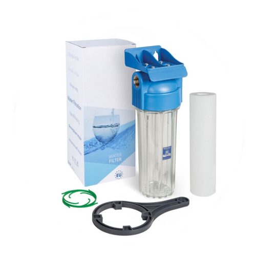 Aquafilter 10″-os magasnyomású szűrőház szett 10 bár nyomásig minősített szűrőházzal 3/4″ csatlakozással, üledékszűrővel átlátszó házzal (FHPR34-HP1)