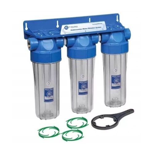 Aquafilter 3 lépcsős 10″-os Szűrőház 1″ csatlakozással, átlátszó házzal, dupla „O” gyűrűs – réz menetes